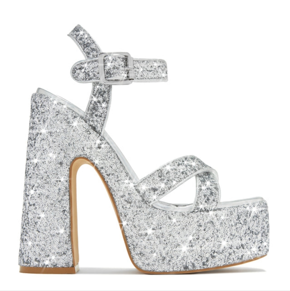 Miss Lola (Bamboo) Sparkling Silver Glitter Platform Block Heel Sandals Size 8